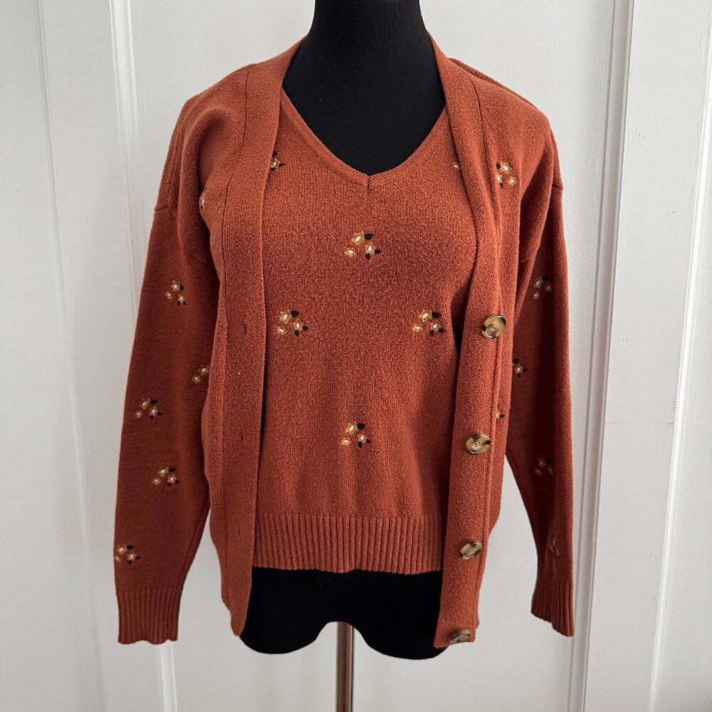 Floral Embroidered Sweater Vest with Matching Cardigan